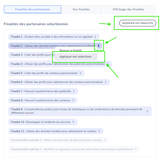 Onglet Finalités des partenaires du portail : bouton Modifier les finalités, puis menu d'actions de la finalité 2 avec l'option Appliquer des restrictions