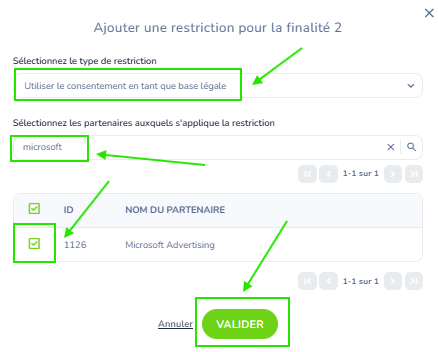 Fenêtre Ajouter une restriction pour la finalité 2 : type Utiliser le consentement en tant que base légale, recherche microsoft, partenaire 1126 Microsoft Advertising coché, bouton Valider